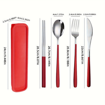 Juego de Cubiertos de Acero Inoxidable de 4 Piezas con Mango Redondo Brillante y Engrosado para Cuchillo de Cena, Palillos, Cucharas y Tenedores, Caja de Cubiertos Portátil para Estudiantes, Reuniones al Aire Libre y Picnics