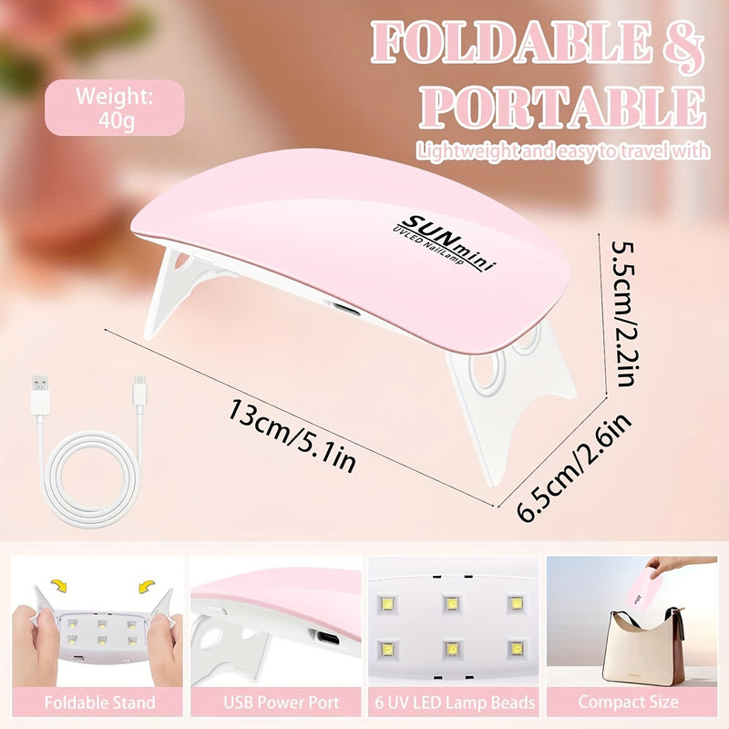 Mini lámpara de gel para uñas, secador de gel LED portátil con USB, luz de curado, adecuado para todas las herramientas y accesorios de arte de uñas profesionales, incluye 6 limas de uñas.