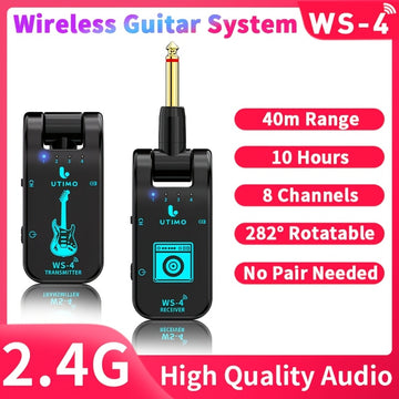 Conjunto de Transmisor y Receptor de Guitarra Recargable Inalámbrico 2.4G para Guitarra Eléctrica, Bajo, Instrumentos de Viento Eléctricos Plug and Play Transmisión en Tiempo Real de 48K/16bit con Conector Rotativo de 282 Grados