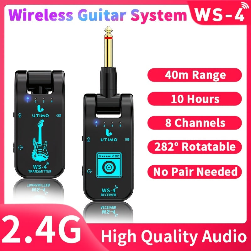 Conjunto de Transmisor y Receptor de Guitarra Recargable Inalámbrico 2.4G para Guitarra Eléctrica, Bajo, Instrumentos de Viento Eléctricos Plug and Play Transmisión en Tiempo Real de 48K/16bit con Conector Rotativo de 282 Grados