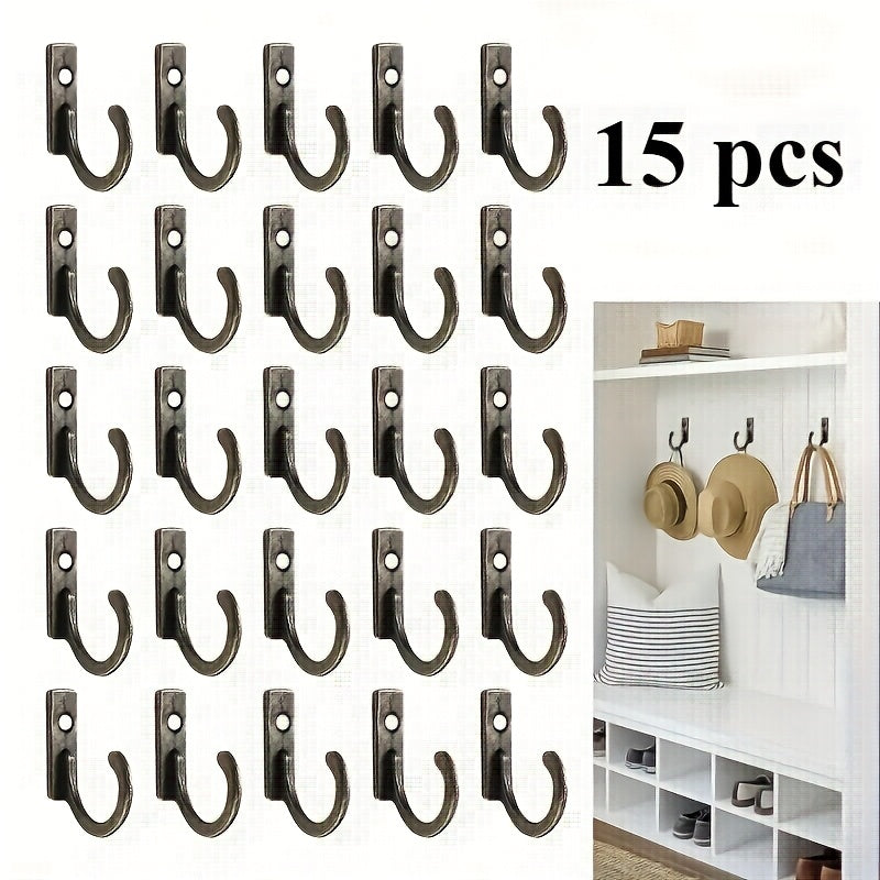 Ganchos de Pared Retro en Bronce - Ganchos Metálicos Modernos para Almacenamiento, Fácil Instalación, Ideales para Abrigos, Sombreros, Toallas, Llaves y Ropa, Baño o Garaje, 15 Piezas