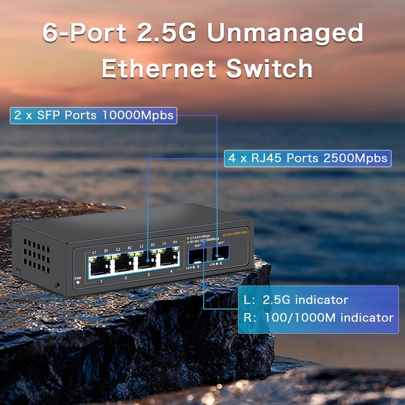 Conmutador Ethernet No Gestionado de 6 Puertos con 4* Portales Base-T de 2.5G y 2* Puertos SFP+ de 10G, Conmutador de Red de 2.5Gbps para NAS/PC de 2.5Gbps, Router WiFi6, Plug and Play