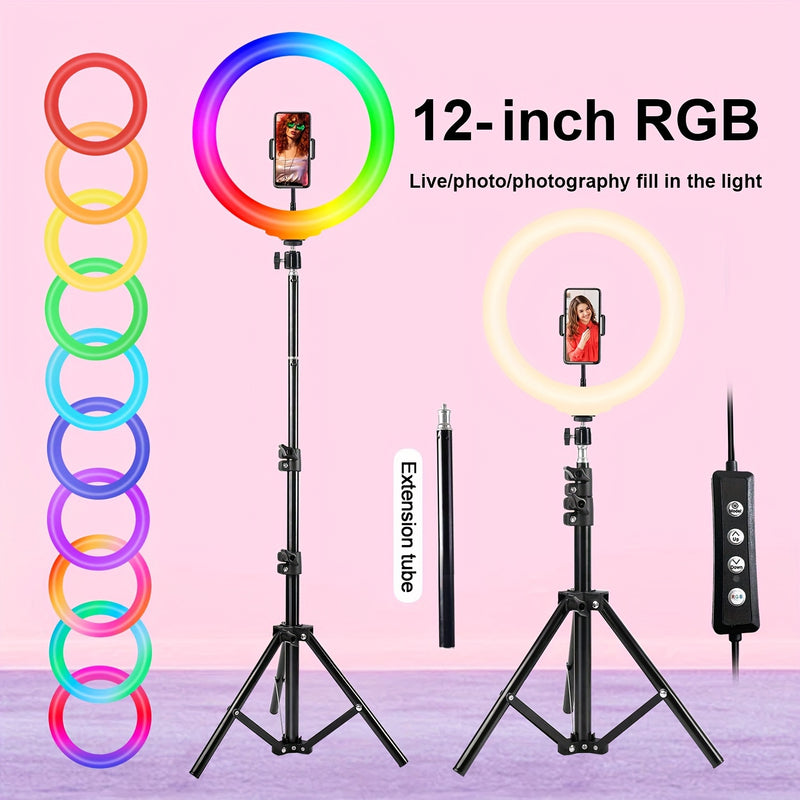 Kit de luz anular RGB ZOMEI de 30.48 cm con trípode de 109.98 cm y barra de extensión de 38.86 cm - Alimentación por USB, acabado metálico esmerilado para fotografía, grabación de video, transmisión en vivo y juegos