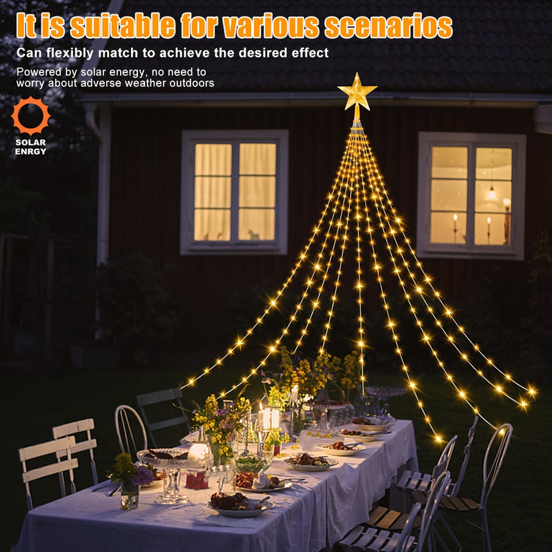 1pc 298.7cm 280 LED Luz de cascada de estrella de cinco puntas, luz solar para acampar al aire libre, 8 modos de luz de cuerda para exteriores, utilizada para decorar la ventana del jardín, cortina de decoración del patio, árbol de Navidad, fiesta en cas