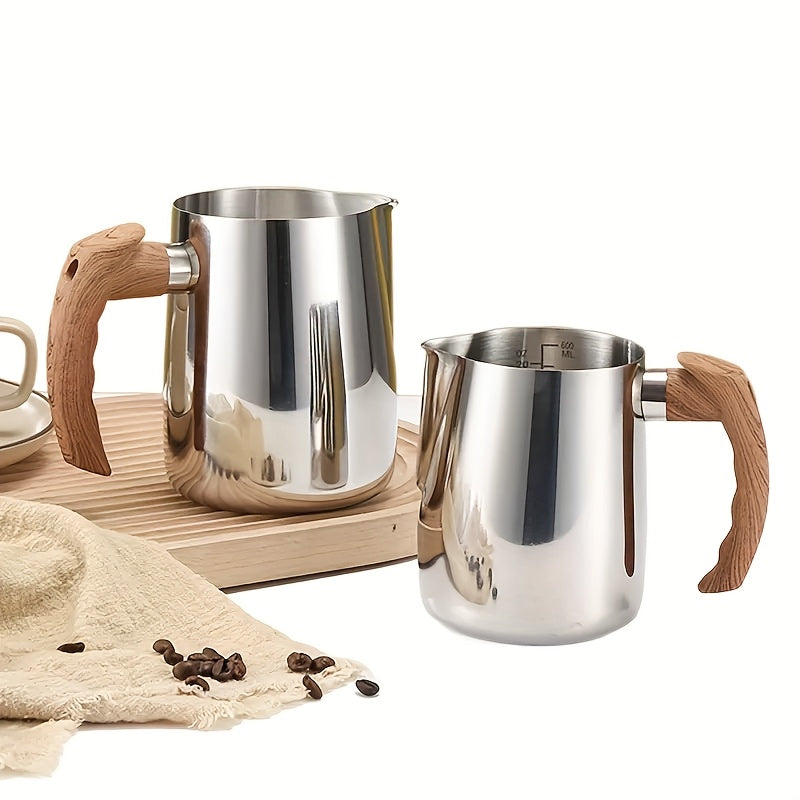 1 vaso de espuma de leche de acero inoxidable con mango de madera - 600 ml/900 ml, termo de leche para café, té, chocolate caliente - Equipo creativo para cocina y cafetería, accesorios para bar de café