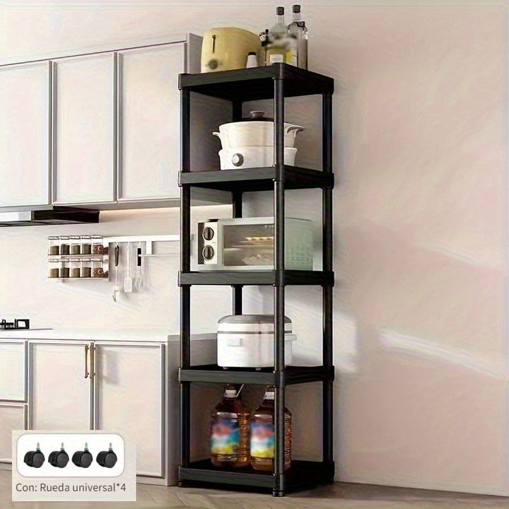 Carrito de almacenamiento de cocina de 4/5 niveles con separadores, diseño plegable para ahorrar espacio para microondas, tostadora y utensilios, organizador de plástico duradero para cocina, baño, garaje - Negro, ancho de 19,29 pulgadas, carrito de alma
