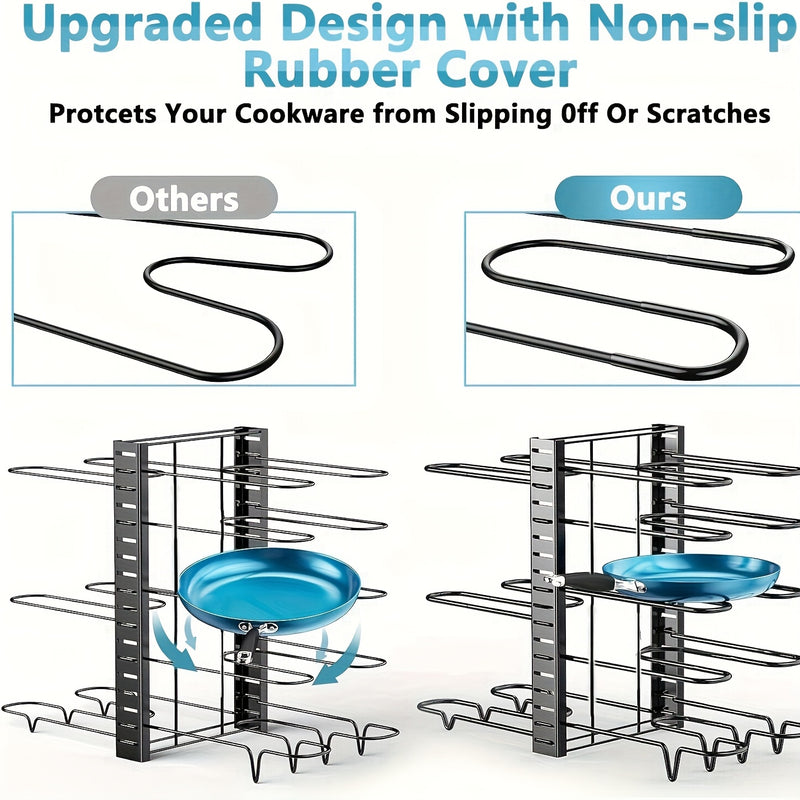 Organizador de ollas y sartenes de metal resistente de 8 niveles, antideslizante y resistente al óxido, diseño de pie para ahorrar espacio, ideal para cocinas en hogares y restaurantes, accesorio moderno y duradero para almacenamiento