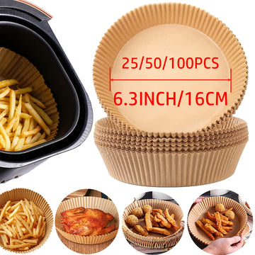 25/50/100piezas 16.0cm Líneas de freidora de aire redondas - No adherentes, papel resistente al aceite bandejas de hornear para cestas de 3-5 cuartos, fácil limpieza, cocción saludable, ideal para fiestas, reuniones familiares y festividades, Líneas de f