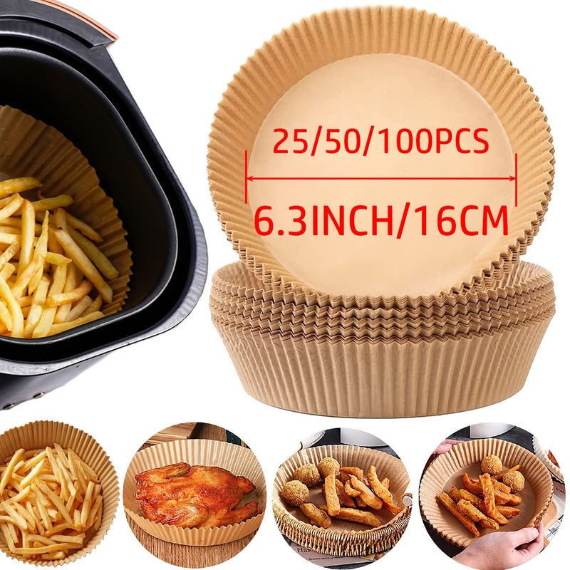 25/50/100piezas 16.0cm Líneas de freidora de aire redondas - No adherentes, papel resistente al aceite bandejas de hornear para cestas de 3-5 cuartos, fácil limpieza, cocción saludable, ideal para fiestas, reuniones familiares y festividades, Líneas de f