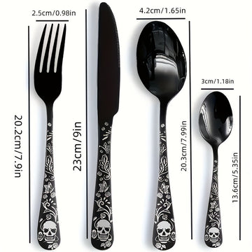 Juego de cubiertos de acero inoxidable con diseño gótico de calavera y rosa, 4/16/24 piezas, cuchara, tenedor, cuchillo, pulido espejo, ideal para regalos de Halloween, Navidad, Pascua y Hanukkah