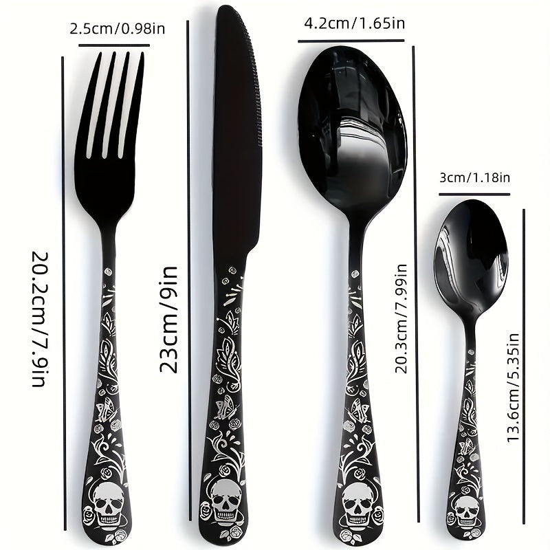 Juego de cubiertos de acero inoxidable con diseño gótico de calavera y rosa, 4/16/24 piezas, cuchara, tenedor, cuchillo, pulido espejo, ideal para regalos de Halloween, Navidad, Pascua y Hanukkah