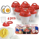 Juego de 4 cocineros de huevos de silicona - Tazas resistentes al calor con tapas rojas - Fáciles de limpiar, antiadherentes, sin cáscara, fabricante de desayuno, no necesita electricidad, fácil de cocinar huevos | Ojos rojos circulares | Silicona antiad