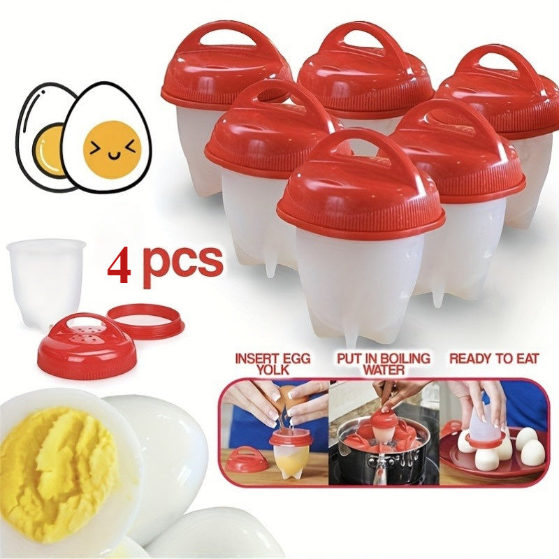 Juego de 4 cocineros de huevos de silicona - Tazas resistentes al calor con tapas rojas - Fáciles de limpiar, antiadherentes, sin cáscara, fabricante de desayuno, no necesita electricidad, fácil de cocinar huevos | Ojos rojos circulares | Silicona antiad