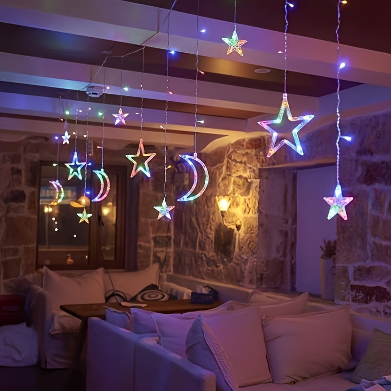 1pc Luces de Cortina LED con Estrellas y Luna - Sin Pilas Necesarias, Perfectas para Ramadán, Bodas, Cumpleaños, Graduaciones, Fiestas, Navidad, Halloween, Decoración del Día de la Independencia | Temática Nocturna Romántica | Adorno Lunar