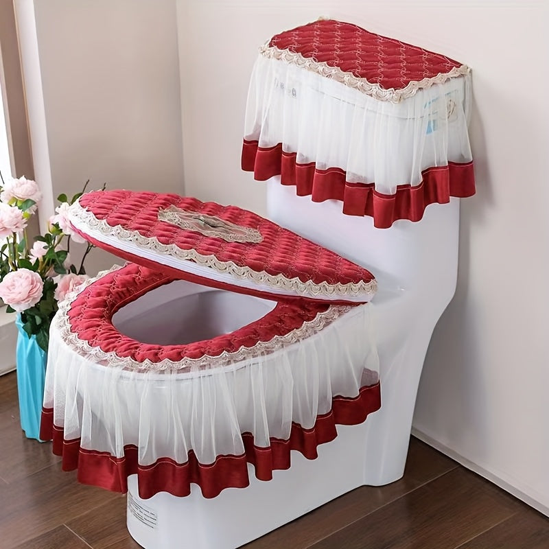 Juego de Tres Cubiertas para Asiento de Inodoro, Alfombrilla Universal de Estilo Europeo Doble Cara con Cierre y Arte en Encaje para Todas las Estaciones