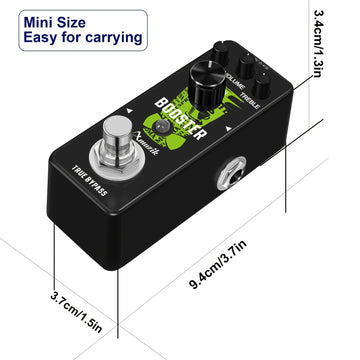 Amplificador de efecto de guitarra Amuzik Mini Booster, aleación de aluminio negro, verdadero aumento de ganancia, señal analógica, control de perilla, cableado, ≤36V, no requiere batería