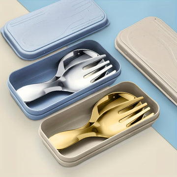 3pcs Portable Cutlery Set, Stainless Steel Short Handle Round Head Spoon Set, Mini Spoon and Fork Set, Boxed Stainless Steel Fork and Spoon Set, Small Round Spoon with Short Handle, Short Handle Round Head Spoon and Fork, Mini Ice Cream Spoon with Short