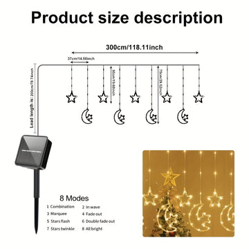 Luzes de cordão de estrelas e lua solares LED 120, com 8 modos de iluminação, adequadas para pátio, jardim, quarto, janelas, tenda, villa, decorações de férias, celebrações de aniversário de casamento, Natal, Dia dos Namorados, alta qualidade, luzes inte