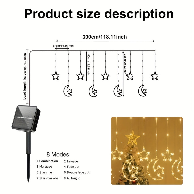 Luzes de cordão de estrelas e lua solares LED 120, com 8 modos de iluminação, adequadas para pátio, jardim, quarto, janelas, tenda, villa, decorações de férias, celebrações de aniversário de casamento, Natal, Dia dos Namorados, alta qualidade, luzes inte