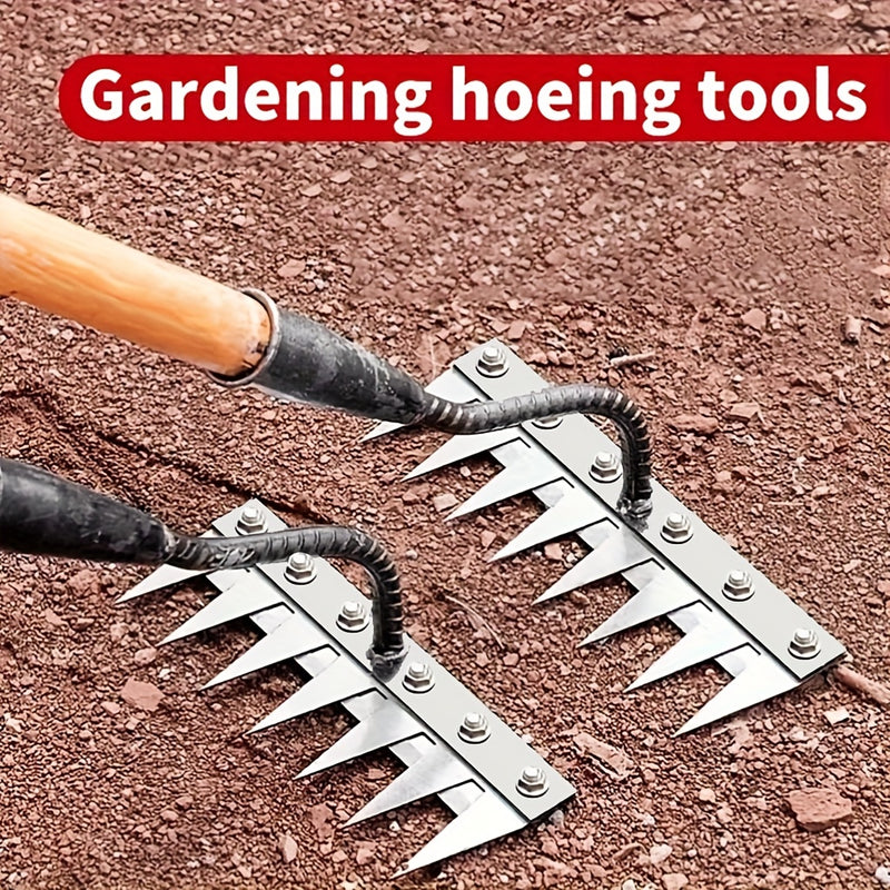 1 Rastrillo de Jardín de Acero Inoxidable | Herramienta Profesional 3 en 1 para Deshierbar, Aflojar y Arar | Esencial para Huertos Caseros, Patios y Plantaciones en Balcóns | Dientes Gruesos de Acero al Manganeso Duradero | Fácil Mantenimiento para Céspe