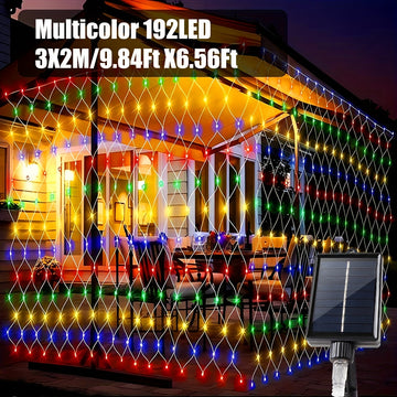 Luz de malla solar IP44 - 8 patrones, luces de cadena LED amarillas para jardín, patio, techo, balcón, árbol de Navidad, centro comercial, ideal para Halloween, Navidad, bodas y fiestas, alimentado por energía solar con batería de litio, luces de camping