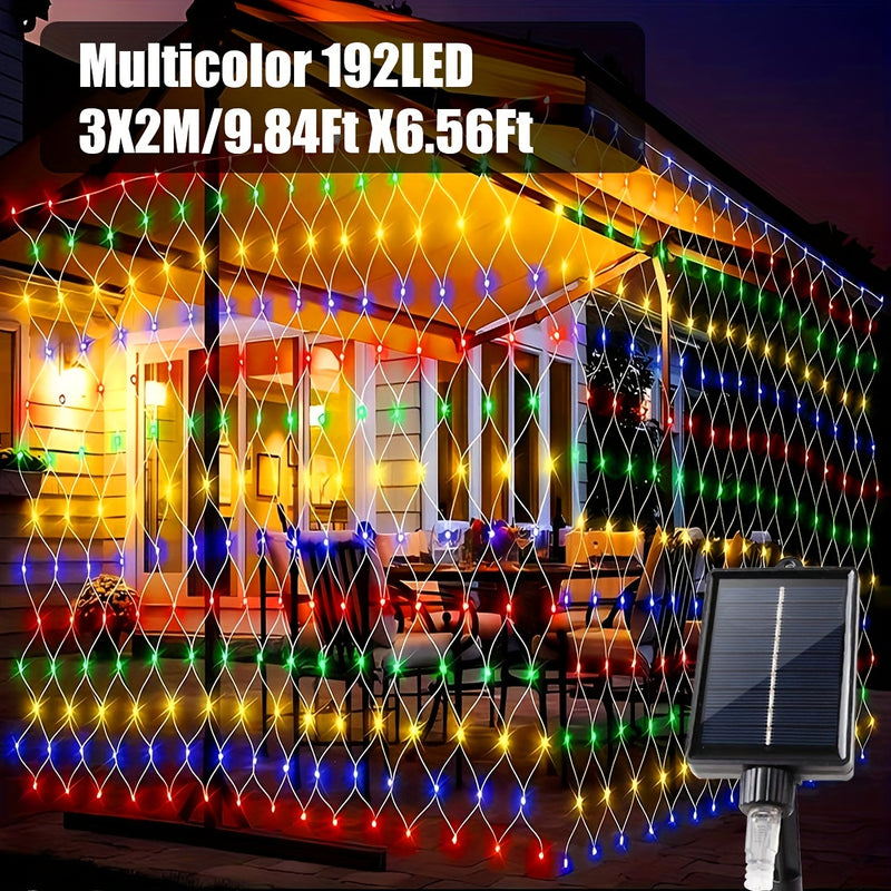 Luz de malla solar IP44 - 8 patrones, luces de cadena LED amarillas para jardín, patio, techo, balcón, árbol de Navidad, centro comercial, ideal para Halloween, Navidad, bodas y fiestas, alimentado por energía solar con batería de litio, luces de camping