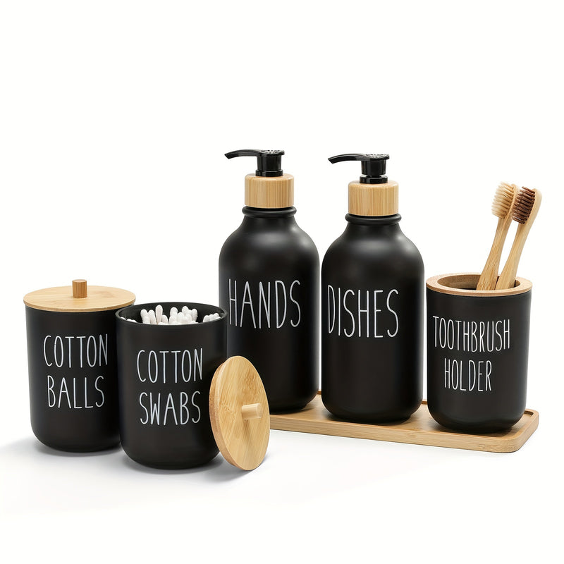 Juego de Accesorios para Baño, Juegos de Accesorios de Plástico para Baño de 6 piezas con Bandeja de Tocador, Dispensador de Jabón, Portacepillos de Dientes, Porta Cepillitos y Bolas con Tapas de Bambú, Estilo Bohemio, Decoración Moderna para el Baño