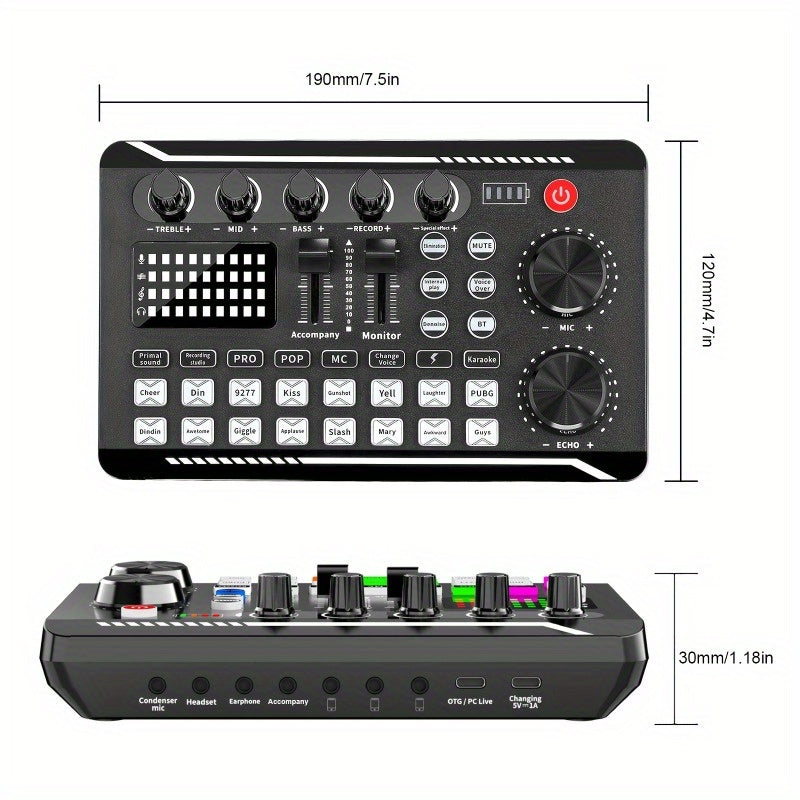 Tarjeta de Sonido Profesional F998 con Cambio de Voz y Efectos de Mezcla para DJ - Recargable por USB, 4-Cambios Vocales Interesantes (Masculino, Femenino, Jóvenes, Monstruo), Conector Jack de 3.5 mm, Ideal para Grabación en PC, Transmisión y Juegos, , A