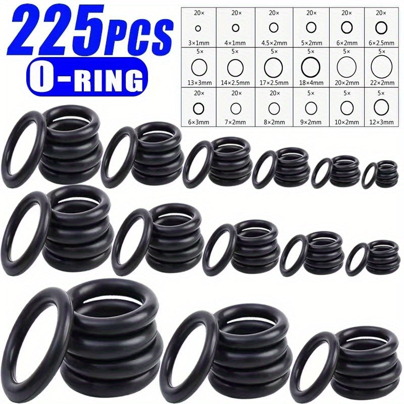 Juego de 225 piezas de anillos tóricos - Juntas de goma resistentes al aceite y al agua, varios tamaños para aplicaciones automotrices e industriales, incluye estuche resistente, elección de mecánicos para uso industrial | Tamaños surtidos | Estuche dura