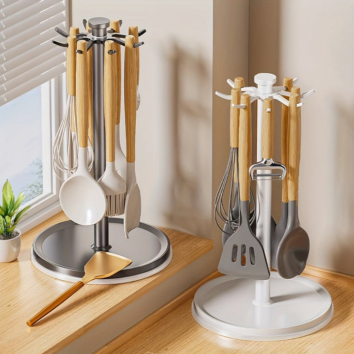 Un estante de almacenamiento de cocina sin necesidad de taladrar, con un gancho y barra giratorios para organizar utensilios como espátulas y cucharas, perfecto para escurrir.