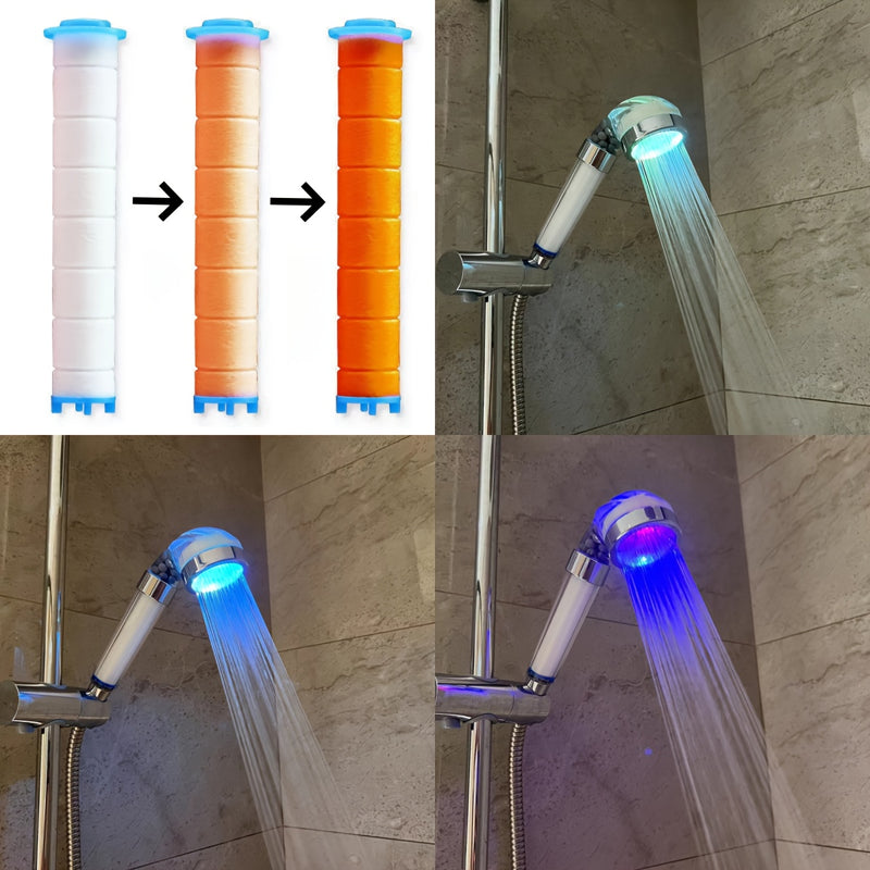 Una luz LED que genera energía a partir del flujo de agua, con luces intermitentes de colores, un ducho portátil, filtración de calidad del agua y viene con tres cartuchos de filtro, un regalo de Año Nuevo sin batería.