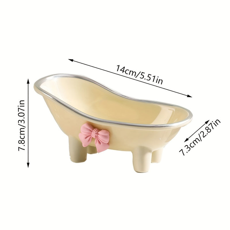 1pc Elegante Jabonera con Forma de Bañera y Adorno de Lazo Rosa - Soporte de Drenaje Ovalado de Plástico para Baño y Lavabo, Ideal para Almacenamiento de Jabón