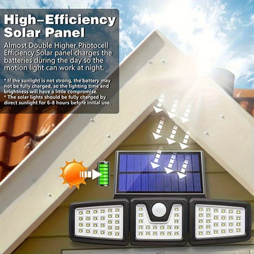 Luz solar de pared con 3 cabezas y 74 LED, ajustable, con sensor de movimiento, IPX4, para exteriores, hogar, jardín, patio, energía solar con batería, luces solares para exteriores, iluminación de patio, iluminación moderna, iluminación duradera.