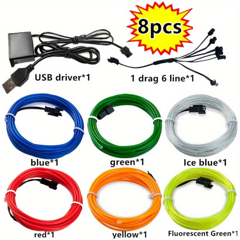 8 piezas de juego combinado EL Luminous Wire, 1 metro de largo EL luz fría de alambre fluorescente, luz decorativa de ambiente DIY, luces de escena de baile fluorescente