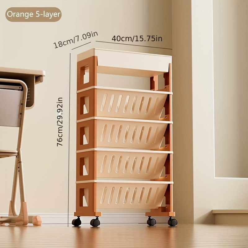 1 Mesa Lateral Rodante con Estantería - Carrito Moderno de Plástico de 3 Niveles con Ruedas, Blanco y Detalles de Madera, Organizador de Almacenamiento Multiusos para Aula, Oficina y Hogar, Decoraciones para Estanterías