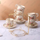 1 soporte plegable elegante de metal dorado para tazas y platillos, capacidad para 6 tazas de té florales, ideal para mostrador de cocina o sala de estar
