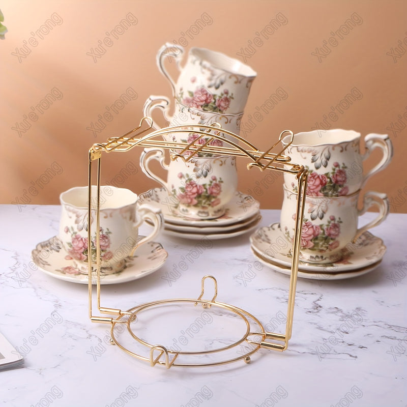 1 soporte plegable elegante de metal dorado para tazas y platillos, capacidad para 6 tazas de té florales, ideal para mostrador de cocina o sala de estar