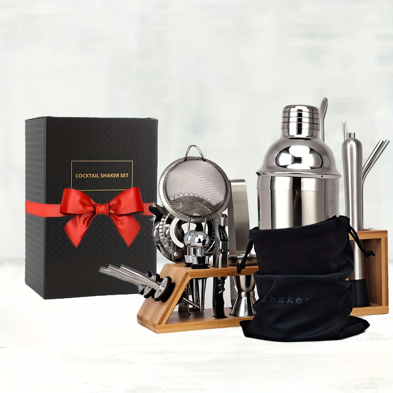 1 Juego De 21 Piezas, Coctelera Con Soporte De Bambú Y Bolsa De Terciopelo, Ideal Para El Hogar, Bar, Mezcla De Bebidas, Kit De Herramientas Profesionales Para Bares En Fiestas