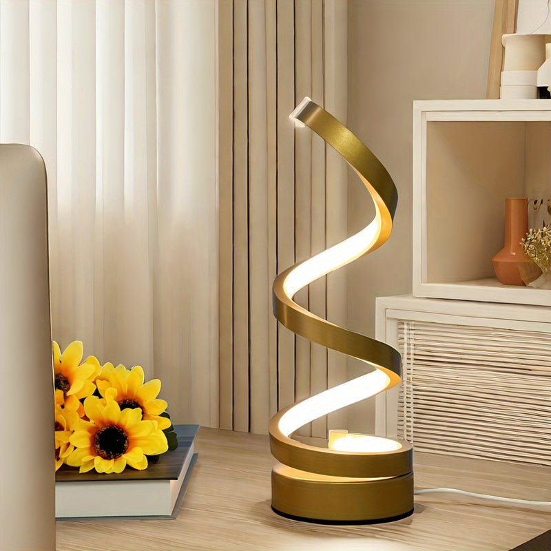 Lámpara de mesa LED espiral, luz de escritorio de metal con cuello de cisne regulable, control de botón de pulsar, alimentada por USB, iluminación ajustable, acabado pulido, para oficina, dormitorio, sala de estar - Idea de regalo