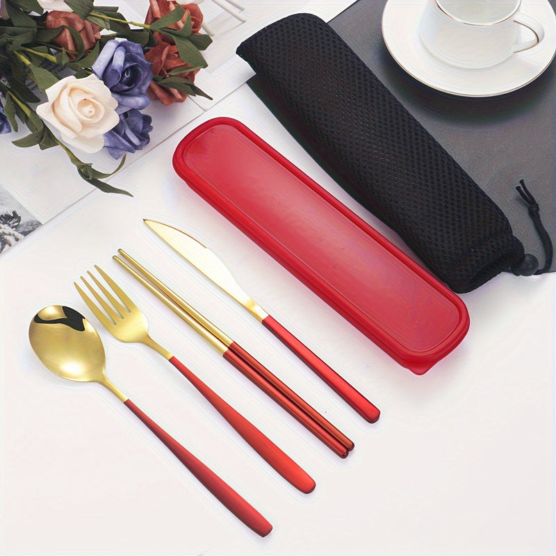 Juego de cubiertos portátil de acero inoxidable, 4 piezas: incluye tenedor, cuchillo, cuchara y palillos chinos, almacenados en una práctica caja para llevar, ideal para comer fuera de casa y comidas al aire libre