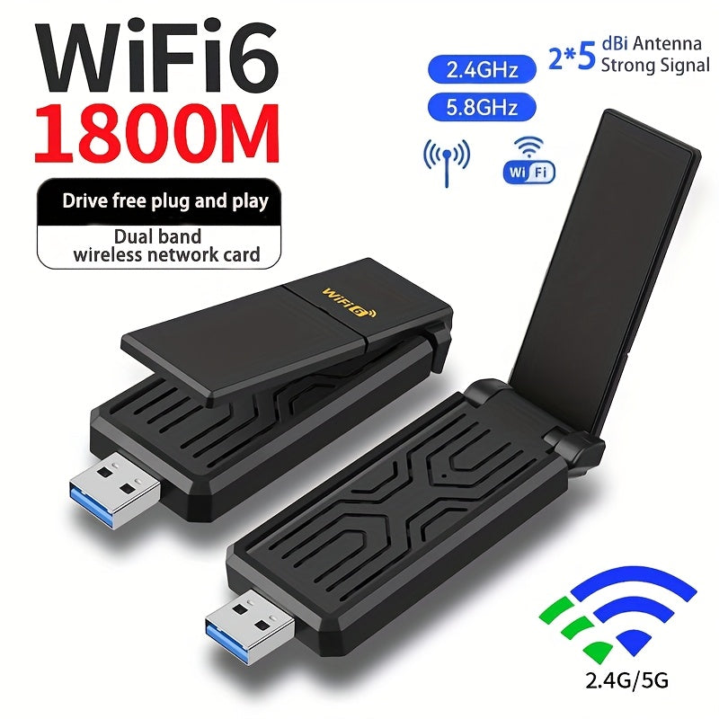 Adaptador sin varillas WiFi 6 USB 3.0 de 1800Mbps, Compatible con PC y Portátil, Adaptador USB WiFi 802.11ax con Tecnología Super USB 3.0 y Seguridad WPA3, Antena Dual de Alta Ganancia 5dBi, Receptor/Transmisor Banda Doble 5.8G/2.4G