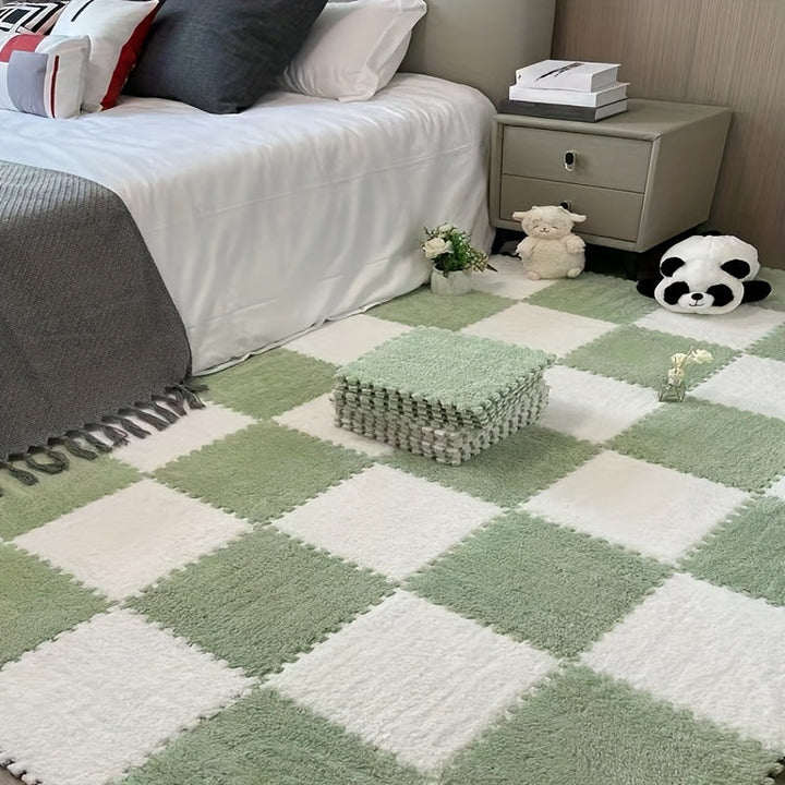 Conjunto de 24 alfombras geométricas de felpa, alfombra de suelo cuadrada de pelo bajo, poliéster lavable y EVA, hecha a máquina, alfombra de dormitorio interior para sala de estar, apta para mascotas, decoración temática navideña
