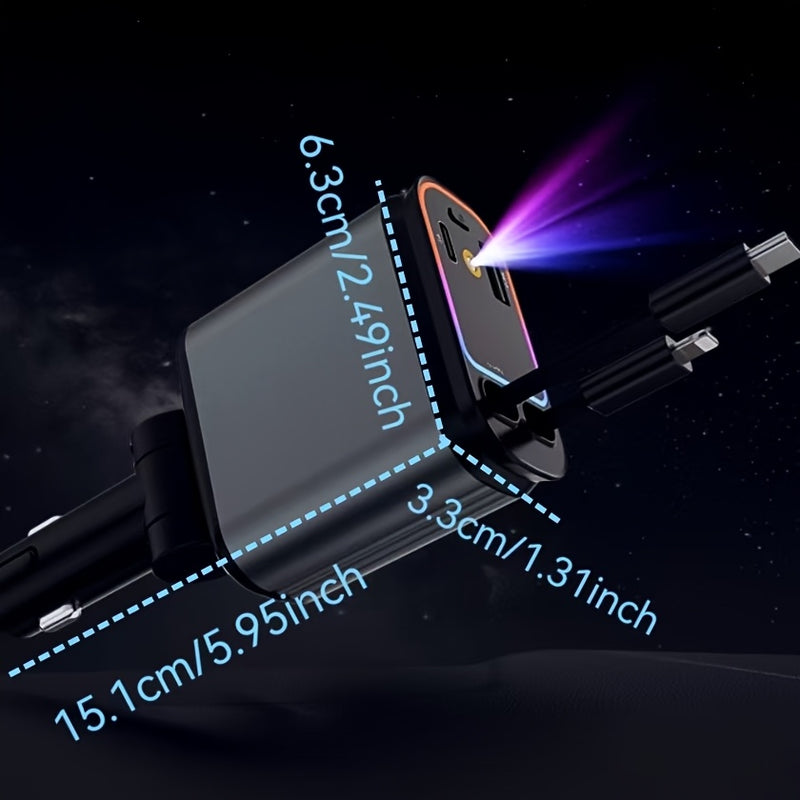 Cargador de coche USB C rápido 4 en 1 con luz ambiental de cielo estrellado (luz roja), 66W, con cable retráctil doble y puerto dual USB, artefacto romántico para vehículo, carga simultánea para 4 dispositivos, ángulo ajustable de 180°, compatible con iP