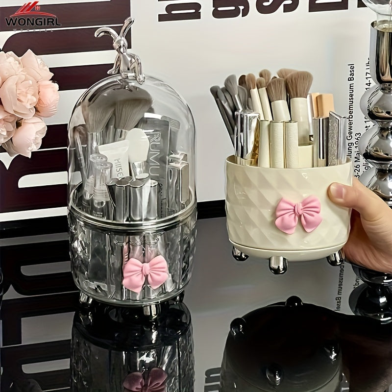 Organizador de Maquillaje Giratorio Todo-en-Uno WONGIRL, Almacenamiento de Cosméticos de Plástico Transparente con Tapa Antipolvo para Lápiz Labial, Brochas y Accesorios, Organizadores de Maquillaje
