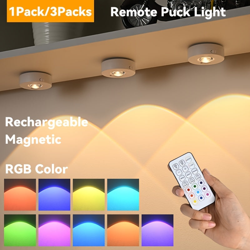 Luces redondas pequeñas de un paquete o tres, luces nocturnas cambiantes de color con control remoto, luces de gabinete recargables, pequeñas lámparas cambiantes de color dinámico.