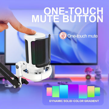 Micrófono condensador USB para gaming con brazo ajustable, compatible con PC/computadora/PS4&PS5/tableta, plug and play, silencio con toque, luz RGB degradé, control de volumen y ganancia, monitoreo en tiempo real, cancelación de ruido, ideal para stream