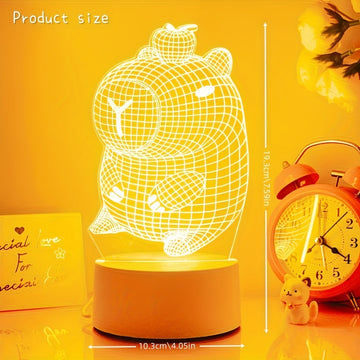 Luz nocturna 3D de capibara encantadora, linda lámpara decorativa para habitaciones, luz nocturna de protección ocular, regalo ideal, luz cálida monocromática - alimentada por USB, no requiere pilas.