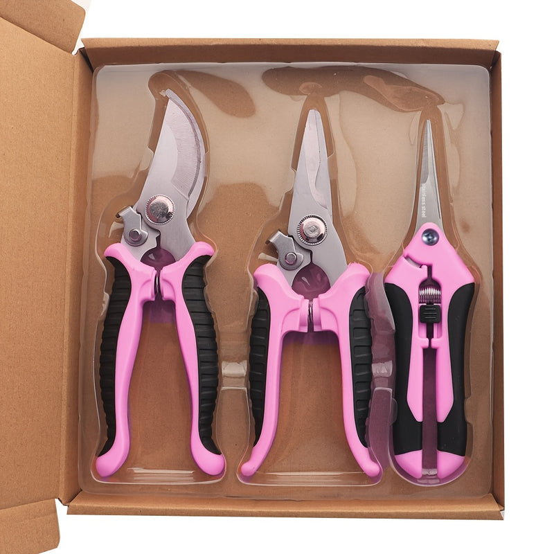 3 piezas de tijeras de jardín profesionales rosas - Hojas de acero inoxidable, asas ergonómicas, afiladas y duraderas para cortar fácilmente, ideales para la disposición de flores y paisajismo, juego de tijeras de jardín | Asas ergonómicas | Filos de cor