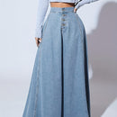 Falda de mezclilla de cintura alta para mujer con cierre frontal y bolsillos con solapa - Color azul claro, tejido no elástico, ideal para primavera/verano/otoño, ropa casual a semi-formal, atuendo casual | Falda con botones | Tejido no elástico