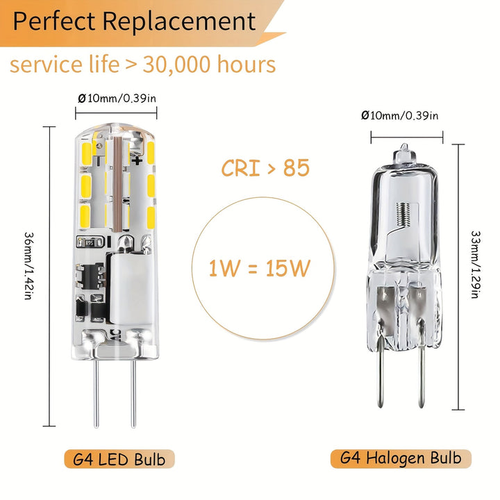 Paquete de 10 Bombillas LED G4 con Base JC Bi-Pin 1W AC/DC 12V Luz Diurna Blanca 6000K, Cálida Blanca 2700K 3000K para Cocina, Horno Microondas, Campanas Extractoras, Iluminación Subarmario, Lámpara Redonda, Arandelas, Luces de Paisaje